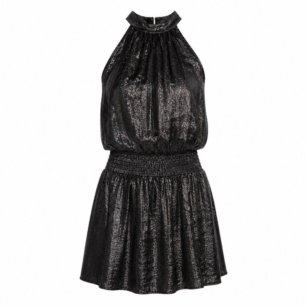Ramy Brook Black Metallic Halter Mini Dress Size M Smocked waist Open Back